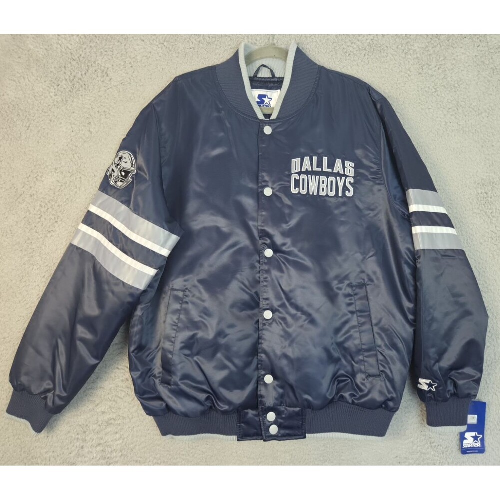 Starter Bomber Jacket Dallas Cowboys Mens XL Blue Satin Quilt Full Snap NFL NWT